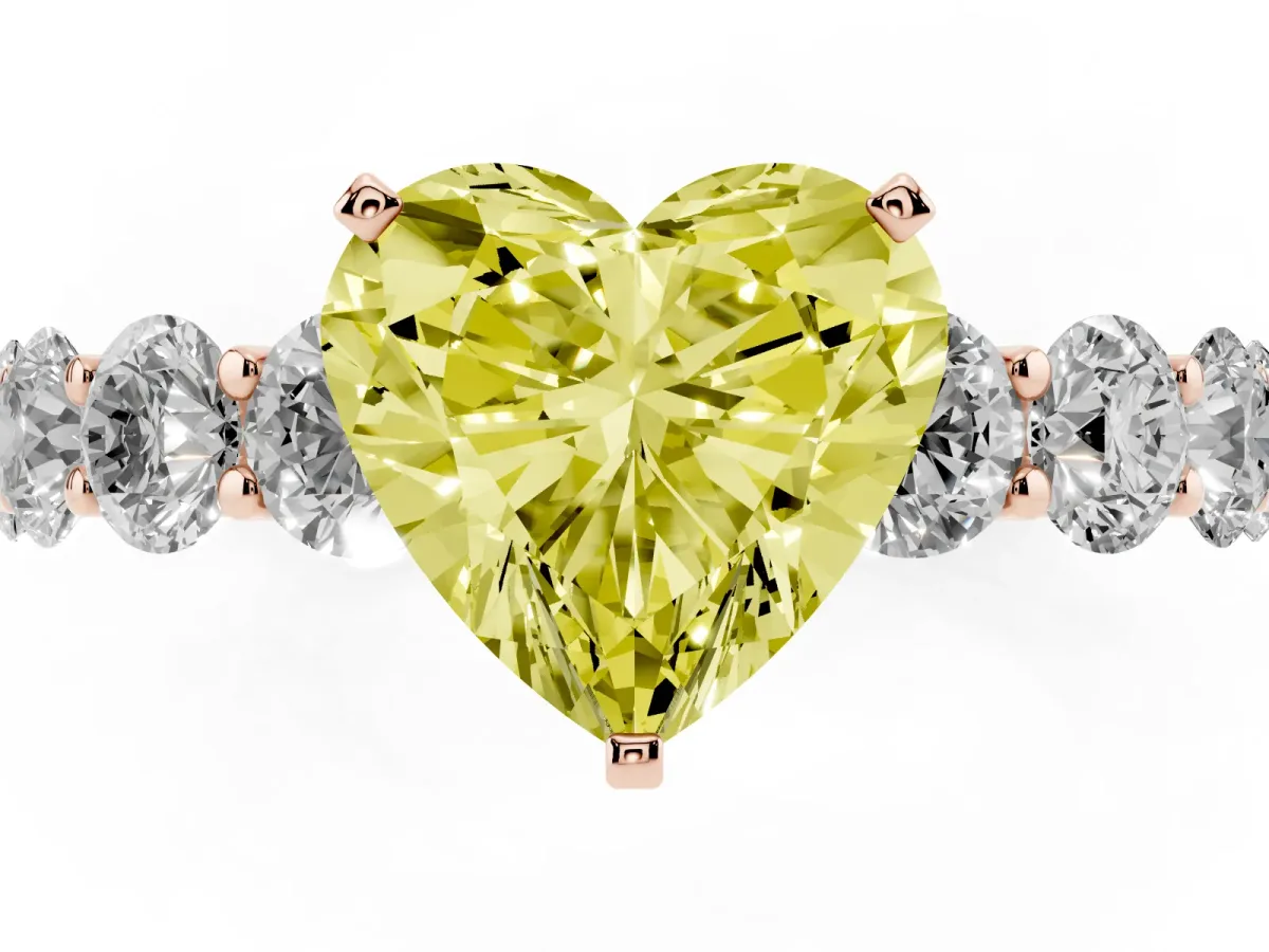 Fancy Yellow Heart Cut Diamond Prong Setting with Side Stones on a Pave Band Rose gold