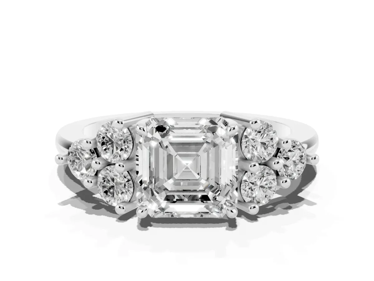 Asscher Cut Brilliant Diamond Cluster Accent Solitaire Ring with Prong Setting Platinum