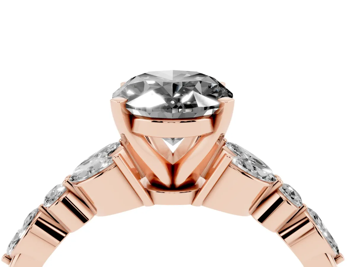 Fancy Black Oval Cut Diamond Solitaire Ring with Side Stones and Four-Prong Setting Rose gold