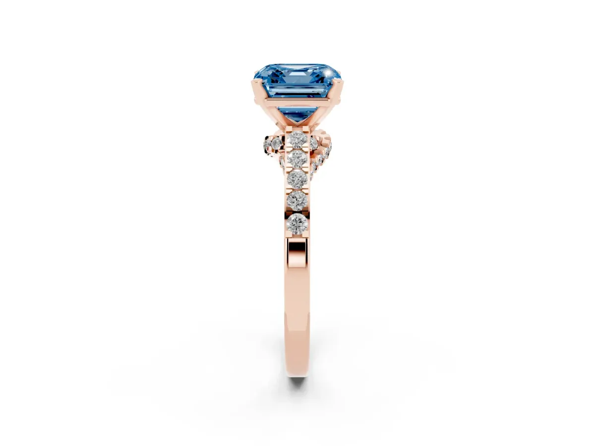Fancy Blue Asscher Cut Diamond Solitaire Ring with Crossover Gallery and Round Pavé Band Rose gold