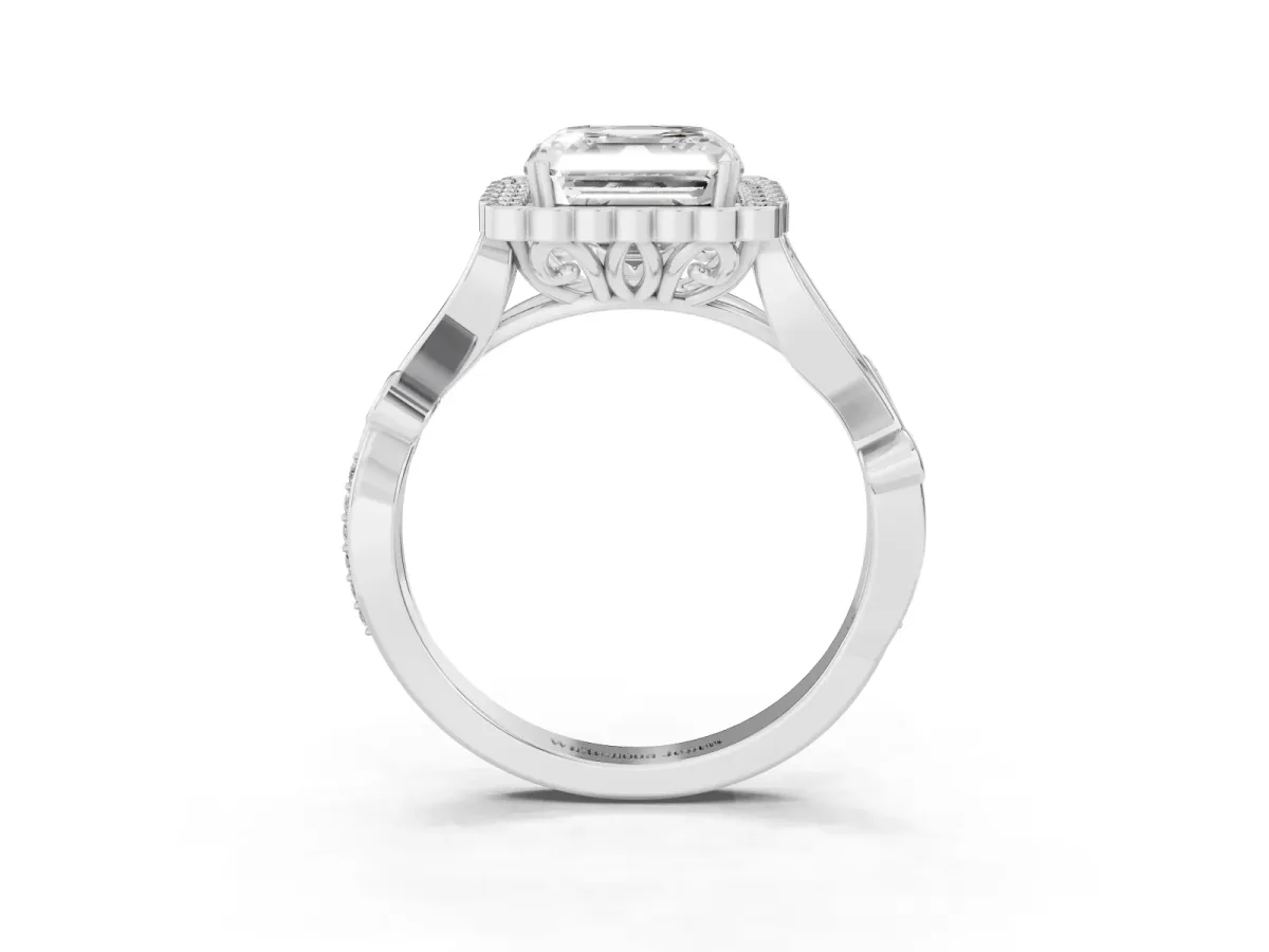 Asscher Cut Diamond Halo Ring with Vintage Split Shank and Four-Prong Setting Silver