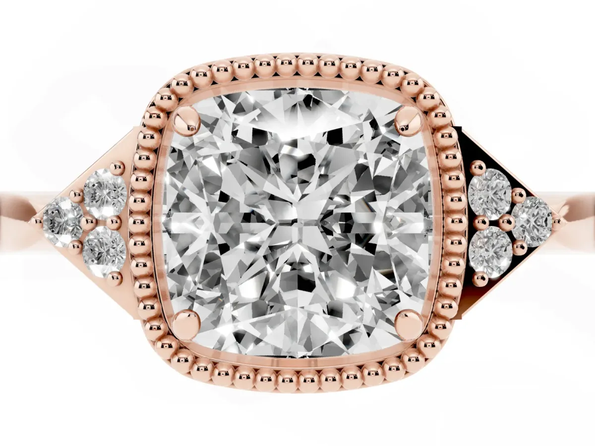 Hexagonal Halo Cushion Cut Diamond Solitaire with Pavé Band and Four-Prong Setting Rose gold