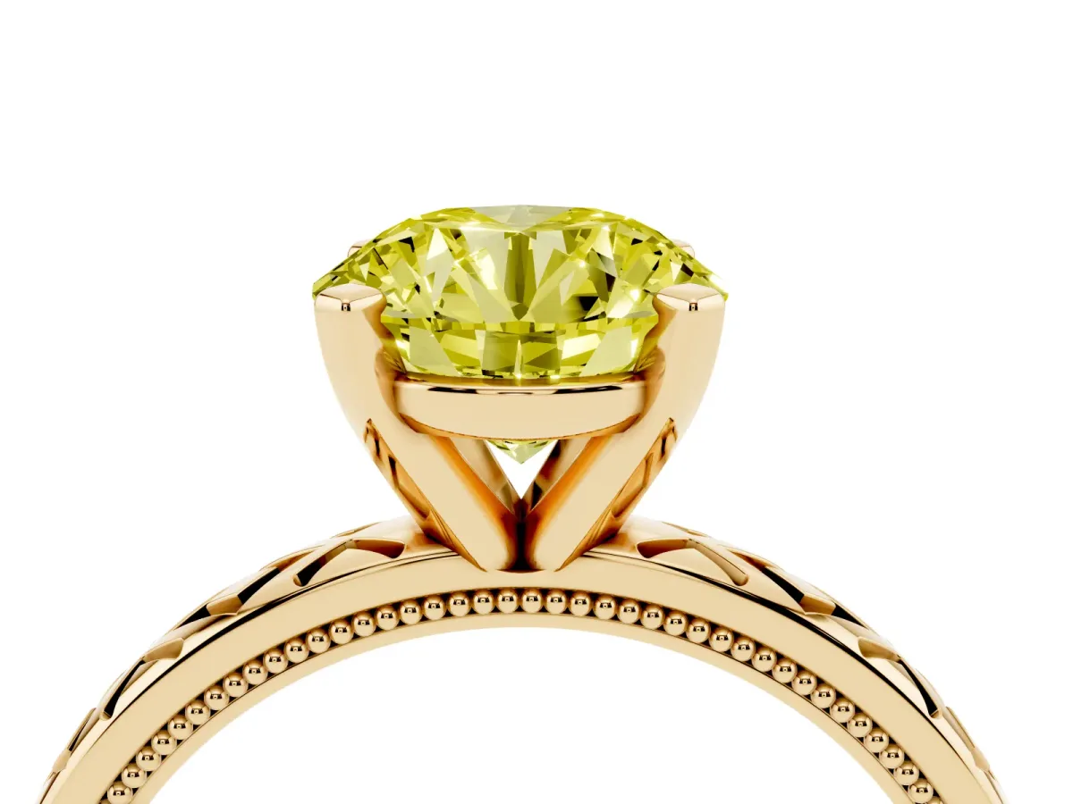 Fancy Yellow Round Cut Solitaire Diamond Ring with Milgrain and Black Enamel X Pattern Band Yellow gold