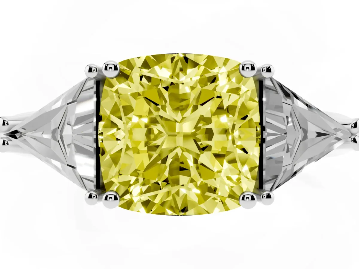 Fancy Yellow Three-Stone Cushion Cut Diamond Engagement Ring with Trillion Side Stones and Prong Setting Silver