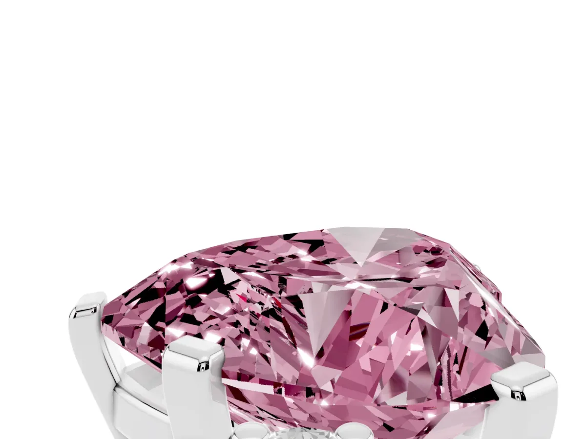 Fancy Pink Heart Cut Cut Three-Stone Solitaire Ring with Round Accent Diamonds and Four-Prong Setting Silver