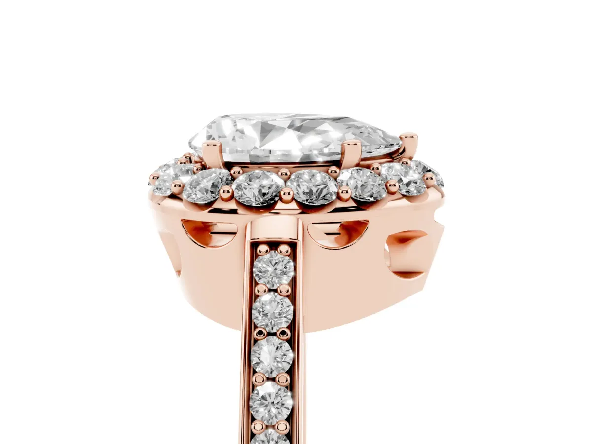 Pear Cut Diamond Floral Halo Ring with Pavé Band and Prong Setting Rose gold