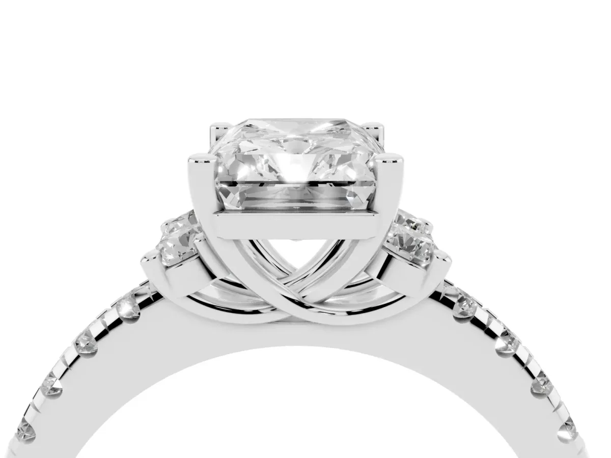 Radiant Cut Diamond Three-Stone Pave Band with Four-Prong Setting Silver