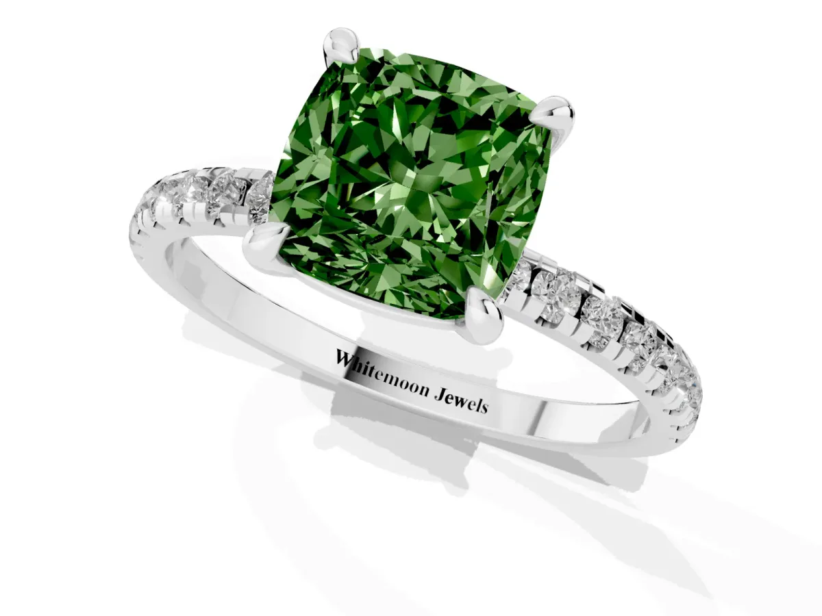 Fancy Green Cushion Cut Diamond Brilliant Solitaire Ring with Pavé Band and Four-Prong Setting Platinum