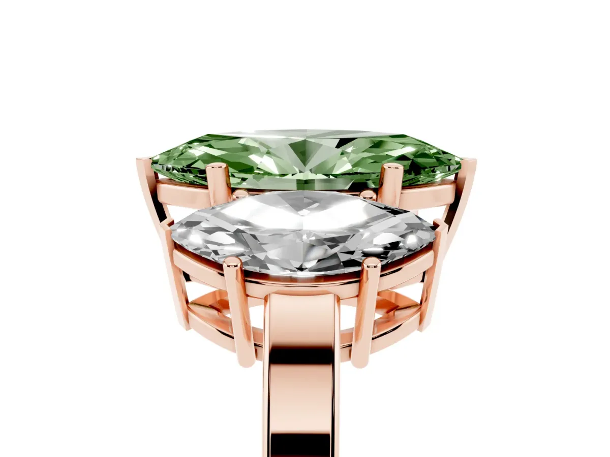 Fancy Green Three-Stone Marquise Cut Cut Diamond Engagement Ring with Flat Band and Four-Prong Setting Rose gold