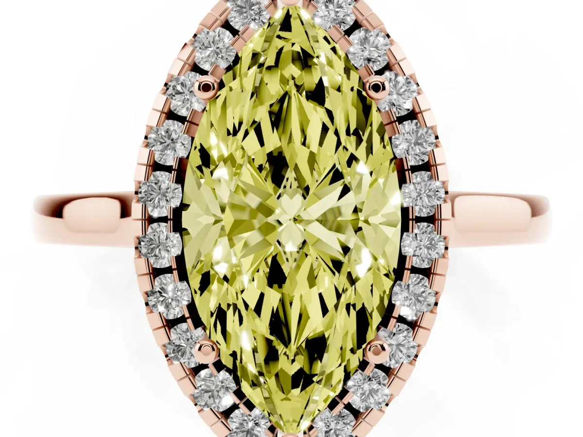 Fancy Yellow Marquise Cut Halo Round Diamond Solitaire Ring with Pavé Band and Four-Prong Setting Rose gold