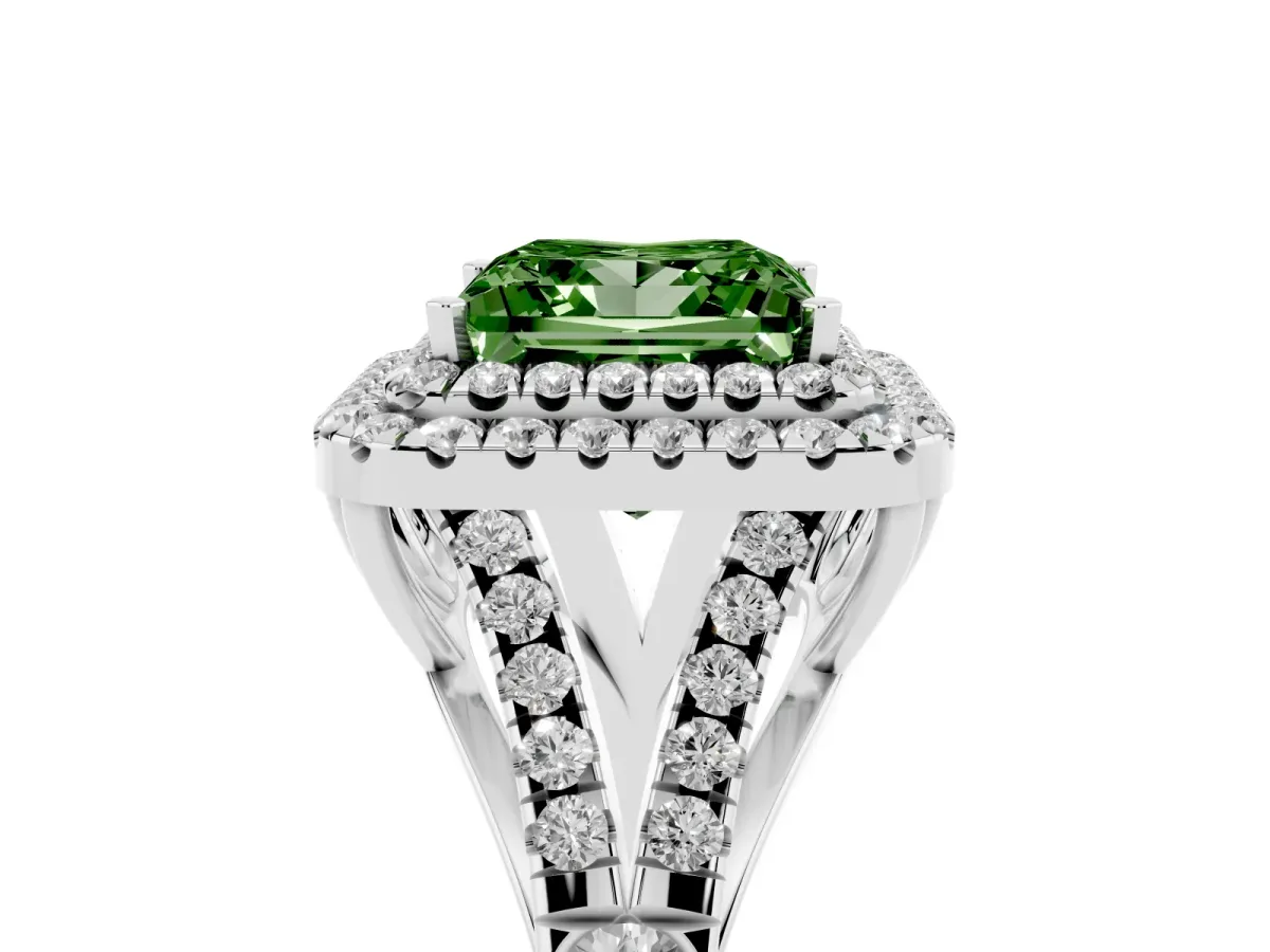 Fancy Green Princess Cut Diamond Double Halo Ring with Split Shank and Prong Setting Silver
