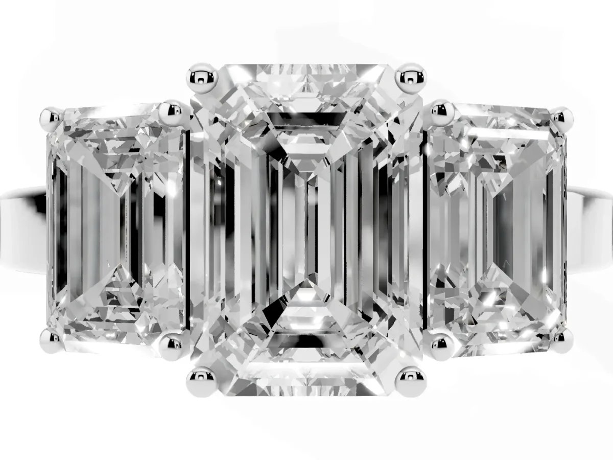 Three-Stone Emerald Cut Cut Diamond Engagement Ring with Flat Band and Four-Prong Setting Platinum