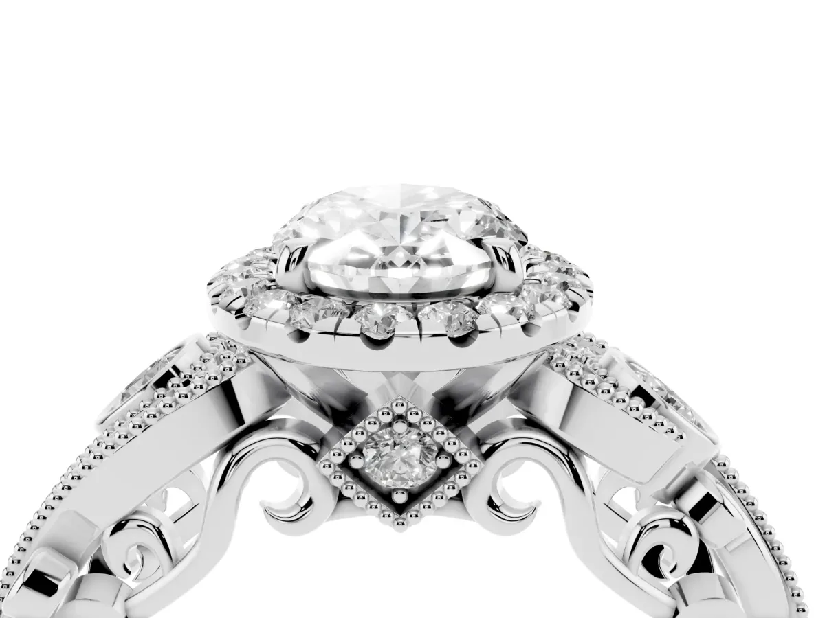 Oval Cut Diamond Halo Ring with Milgrain Pavé Band and Four-Prong Setting Silver