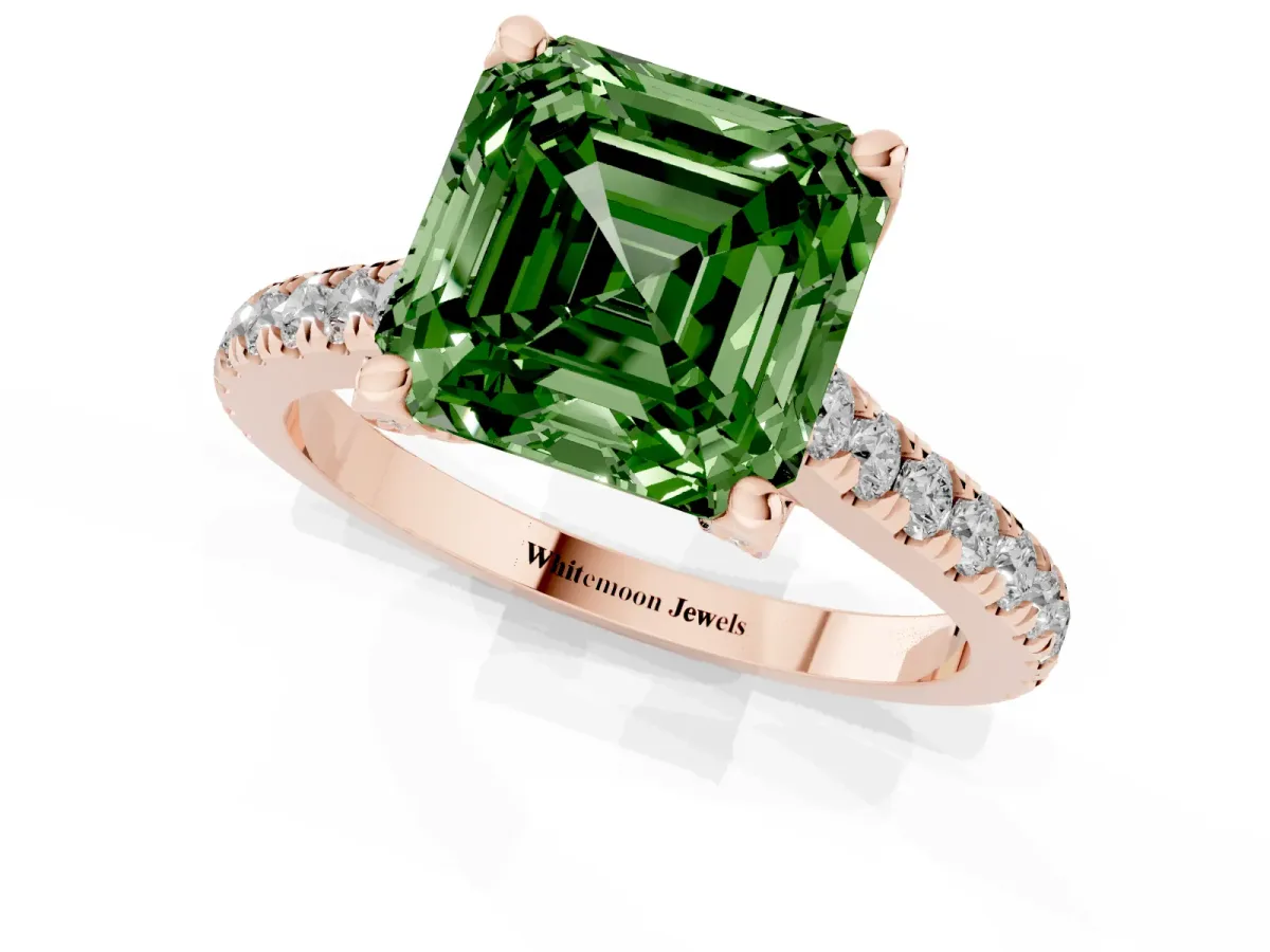 Fancy Green Asscher Cut Brilliant Diamond Solitaire with Pavé Band and Four-Prong Setting Rose gold