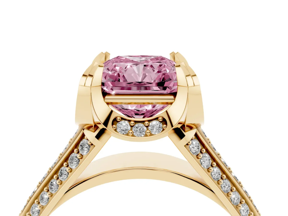 Fancy Pink Radiant Cut Solitaire Pave Split Shank Ring with Four-Prong Setting Yellow gold