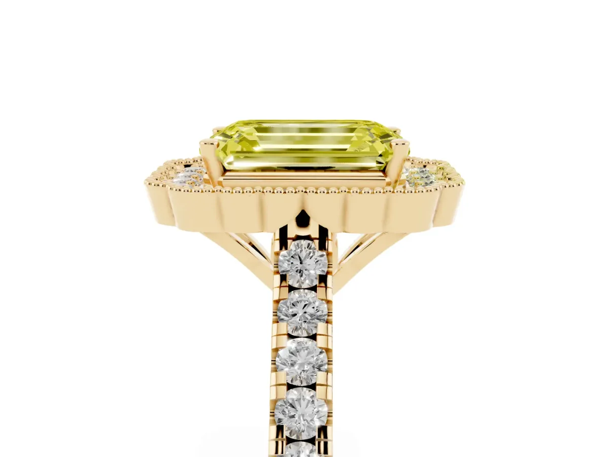 Fancy Yellow Emerald Cut Cut Diamond Milgrain Floral Halo Engagement Ring with Pavé Band Yellow gold
