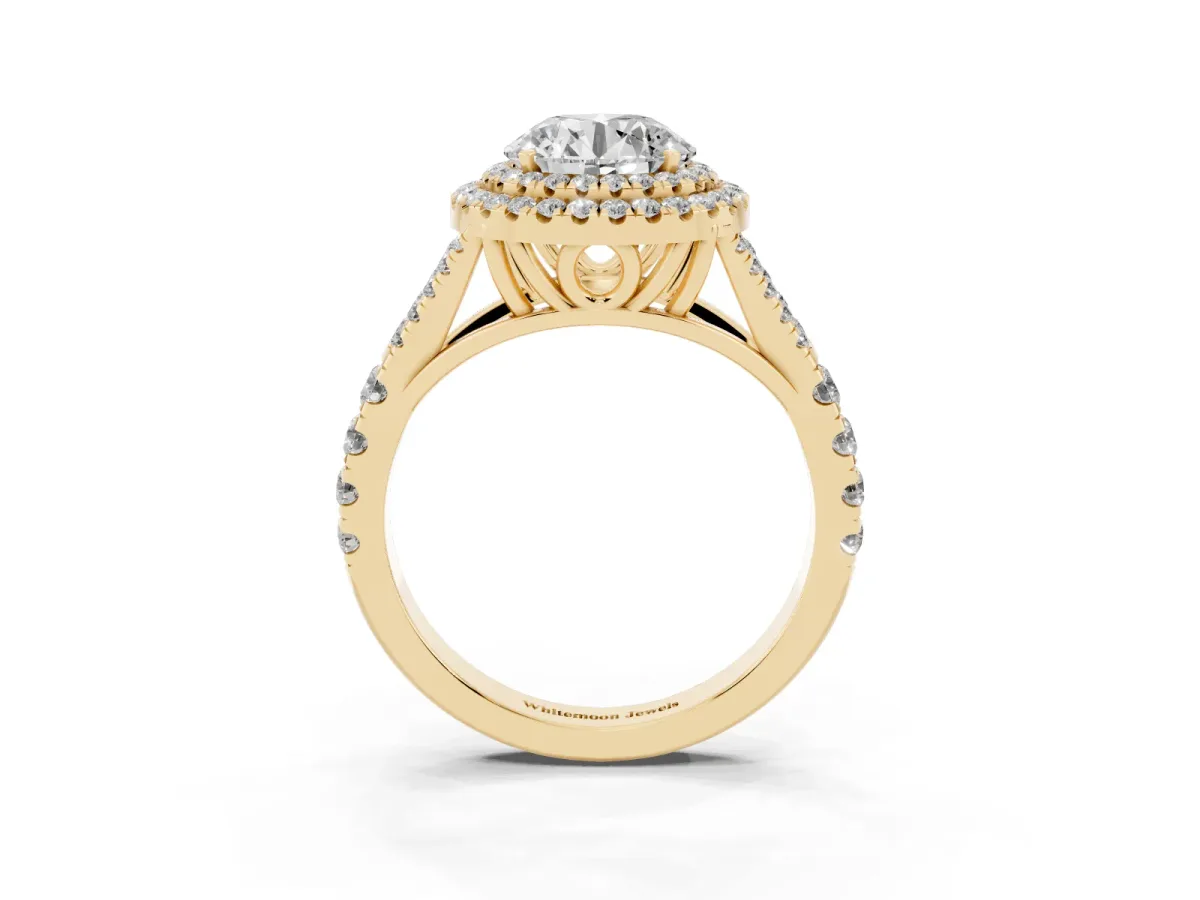 Round Cut Diamond Double Halo Ring with Split Shank and Prong Setting Yellow gold