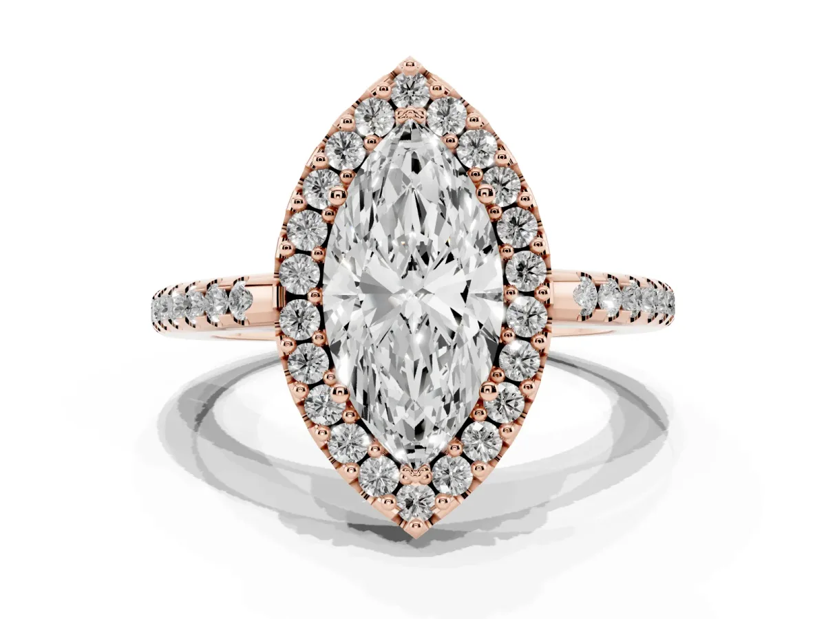 Marquise Cut Diamond Pavé Halo Ring with Four-Prong Setting Rose gold