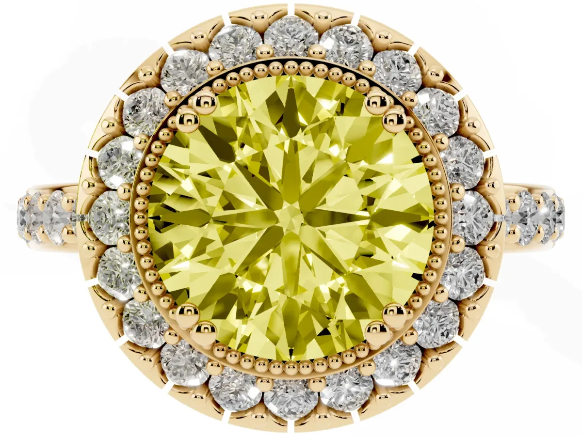 Fancy Yellow Round Cut Diamond Halo Ring with Pavé Band and Prong Setting Yellow gold