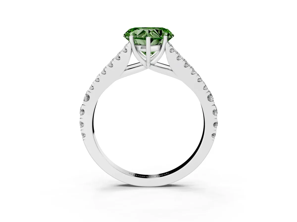 Fancy Green Heart Cut Diamond Split Shank Engagement Ring with Round Pavé and Prong Setting Silver
