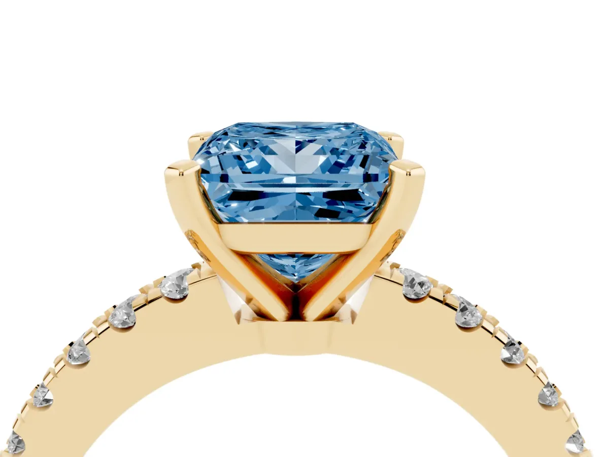 Fancy Blue Princess Cut Solitaire Diamond with Pavé Band and Four-Prong Setting Yellow gold
