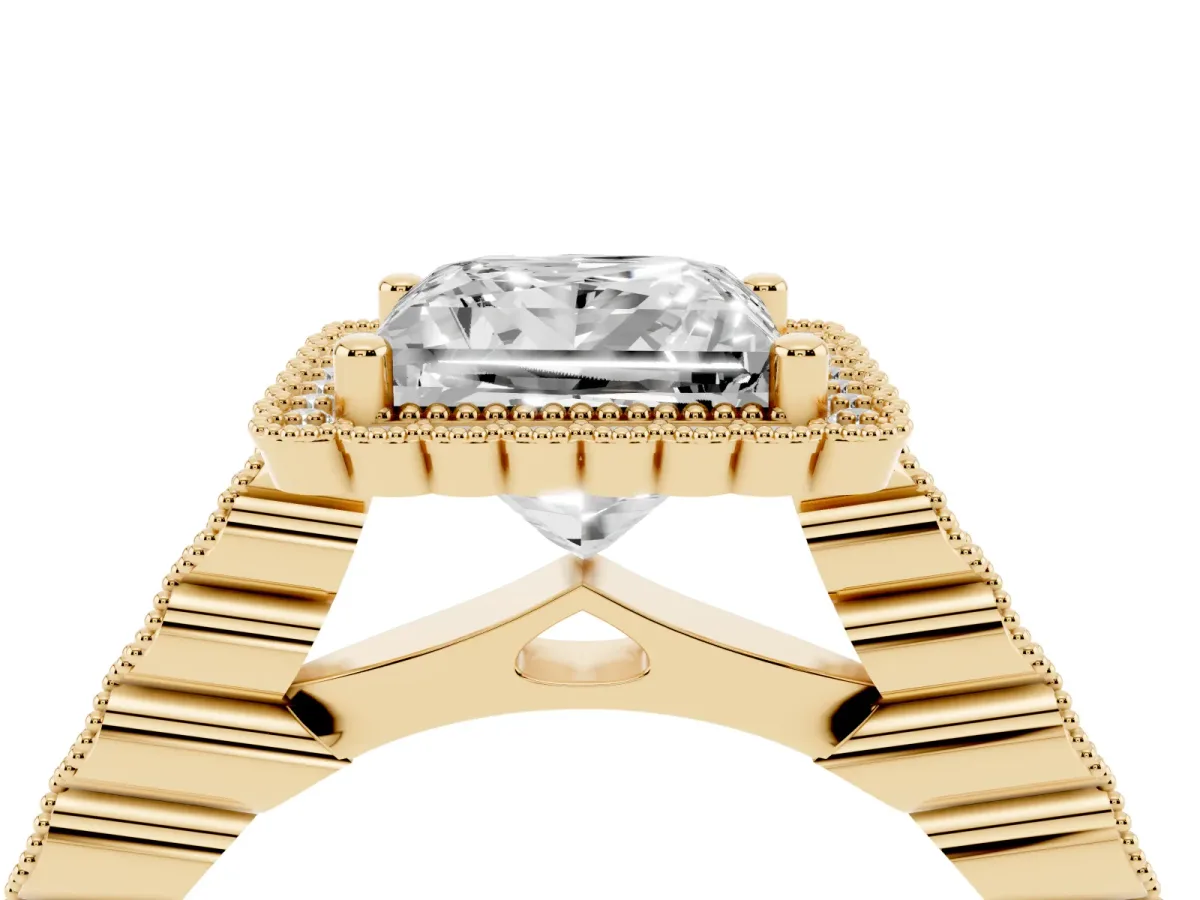 Princess Cut Cut Halo Pavé Solitaire Ring with Milgrain Band Yellow gold
