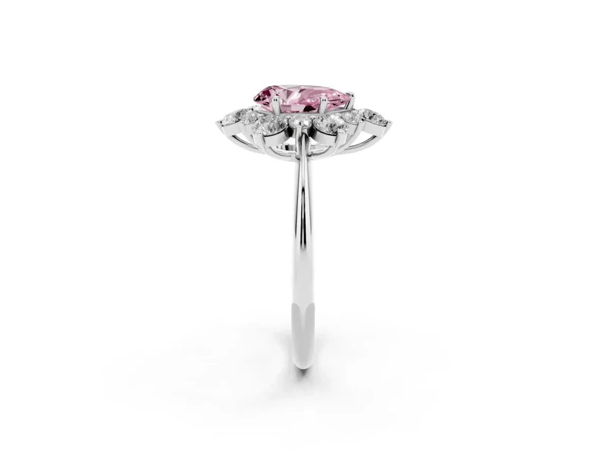 Fancy Pink Pear Cut Diamond Cluster Halo Ring with Solitaire Band and Four-Prong Setting Silver