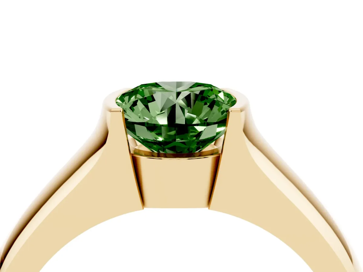 Fancy Green Round Cut Solitaire Bezel Set Diamond Ring with Wide Band Yellow gold