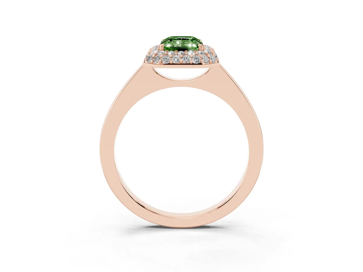 Fancy Green Emerald Cut Halo Diamond Engagement Ring with Solitaire Band and Four-Prong Setting Rose gold