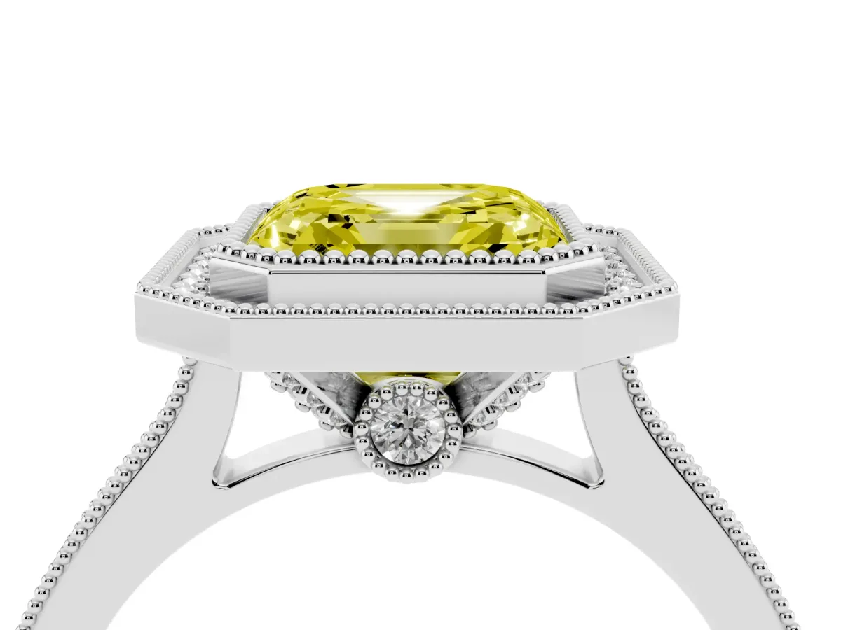 Fancy Yellow Halo Asscher Cut-Cut Diamond Pave Band Milgrain Prong Setting Ring Silver
