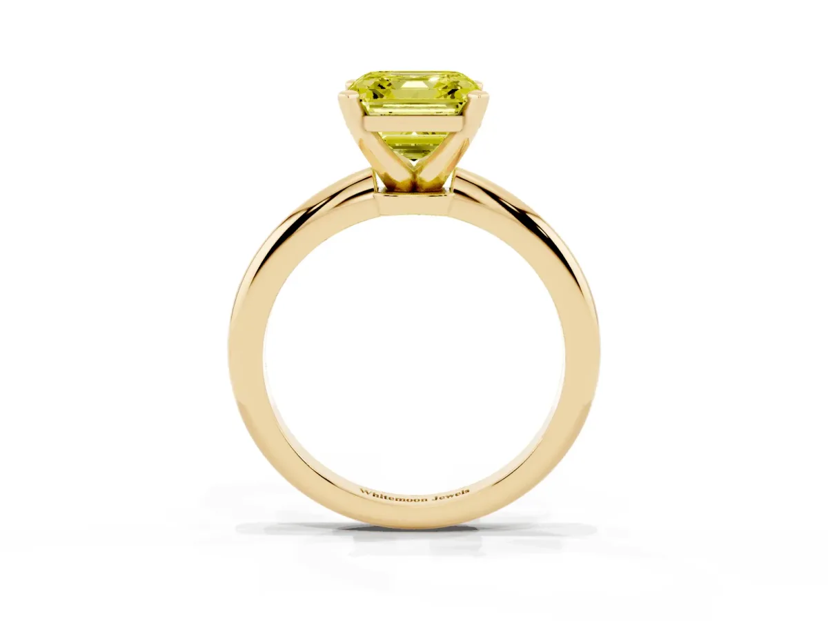 Fancy Yellow Asscher Cut Diamond Solitaire Ring with Prong Setting and Classic Band Yellow gold