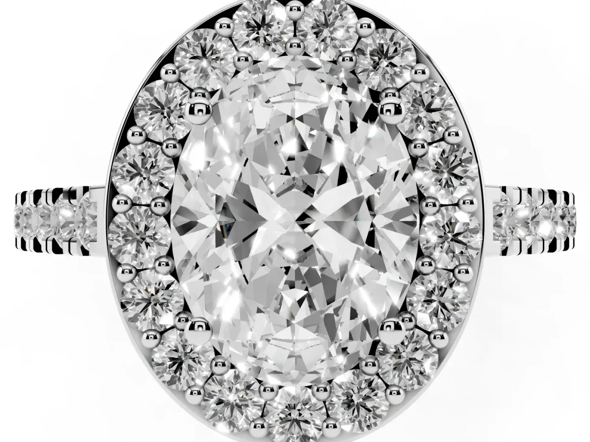 Oval Cut Diamond Halo Ring with Round Pavé Split Shank and Prong Setting White gold
