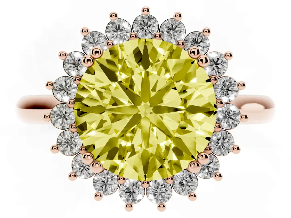 Fancy Yellow Round Cut Cut Diamond Halo Ring with Solitaire Band and Prong Setting Rose gold