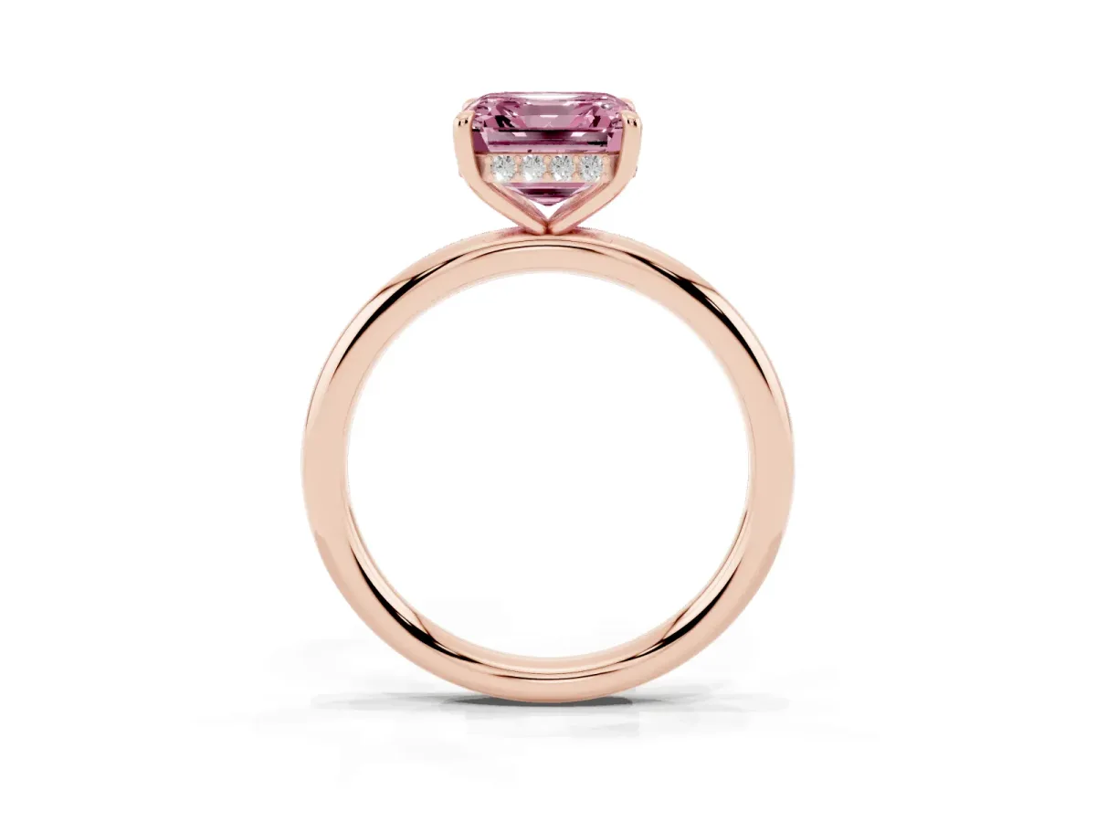 Fancy Pink Asscher Cut Diamond Solitaire Ring with Thin Band and Four-Prong Setting Rose gold