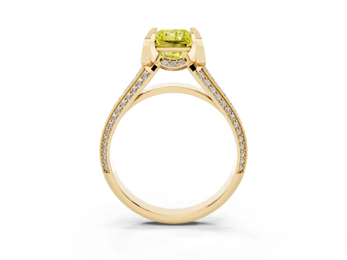 Fancy Yellow Radiant Cut Solitaire Pave Split Shank Ring with Four-Prong Setting Yellow gold