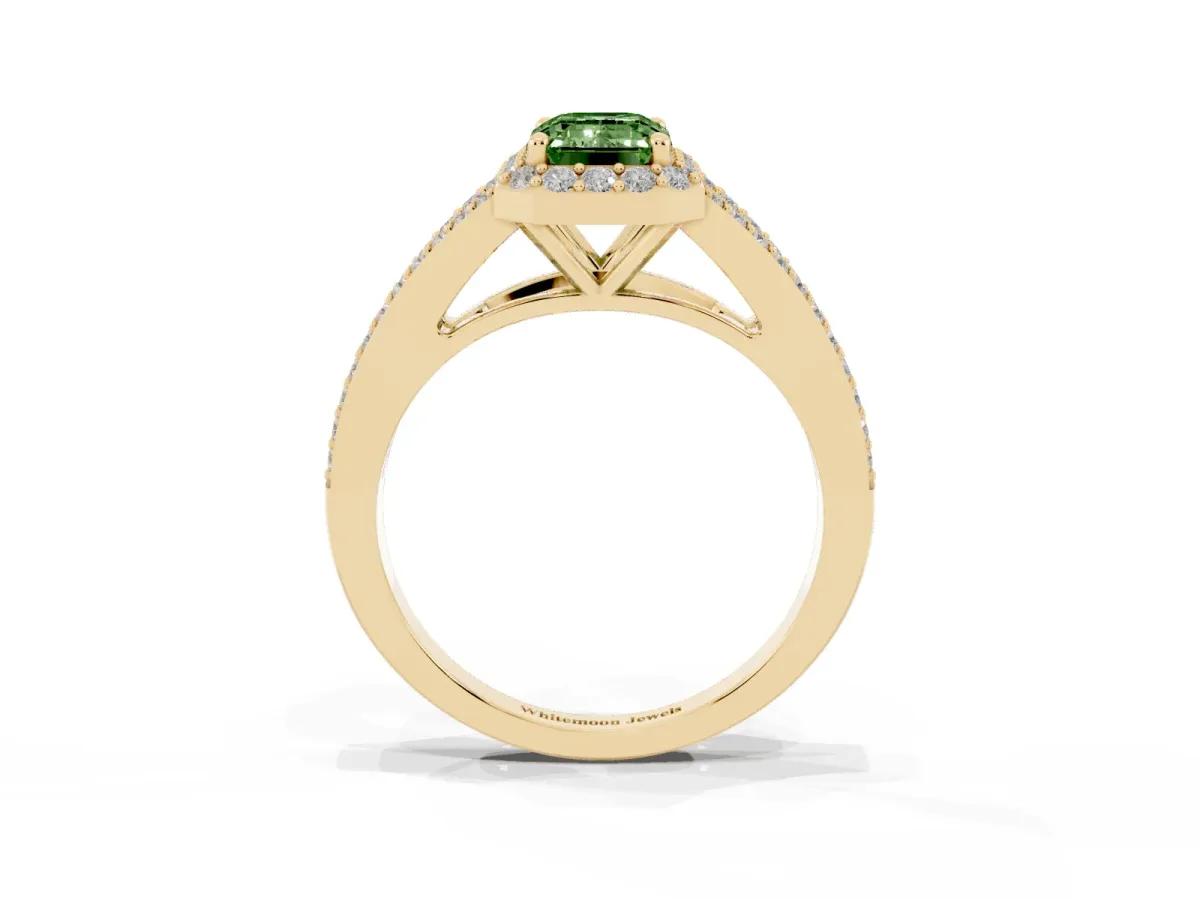 Fancy Green Emerald Cut Halo Split Shank Diamond Ring with Prong Setting Yellow gold