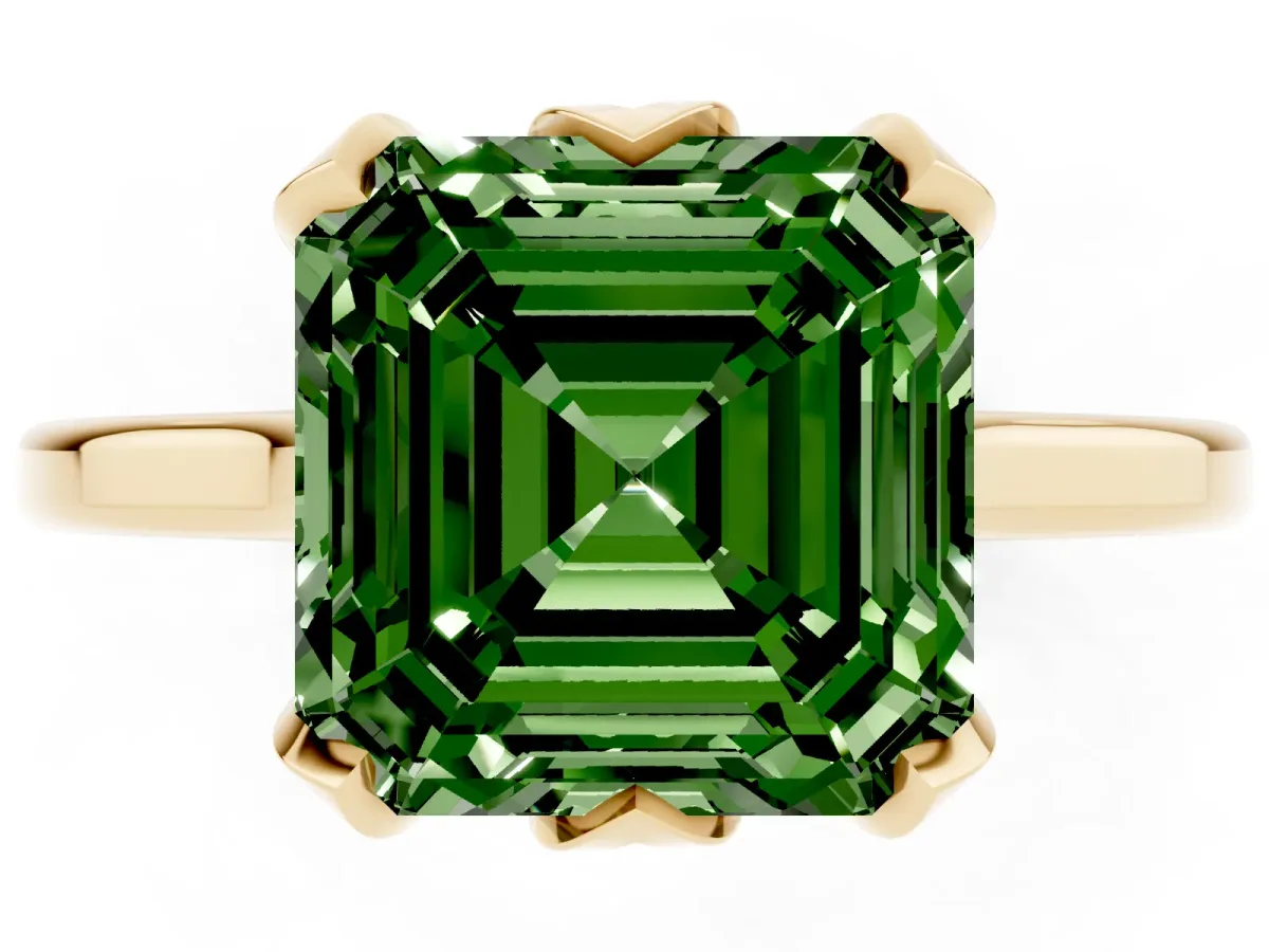 Fancy Green Asscher Cut Diamond Solitaire Ring with Flower Prong Setting and Classic Band Yellow gold