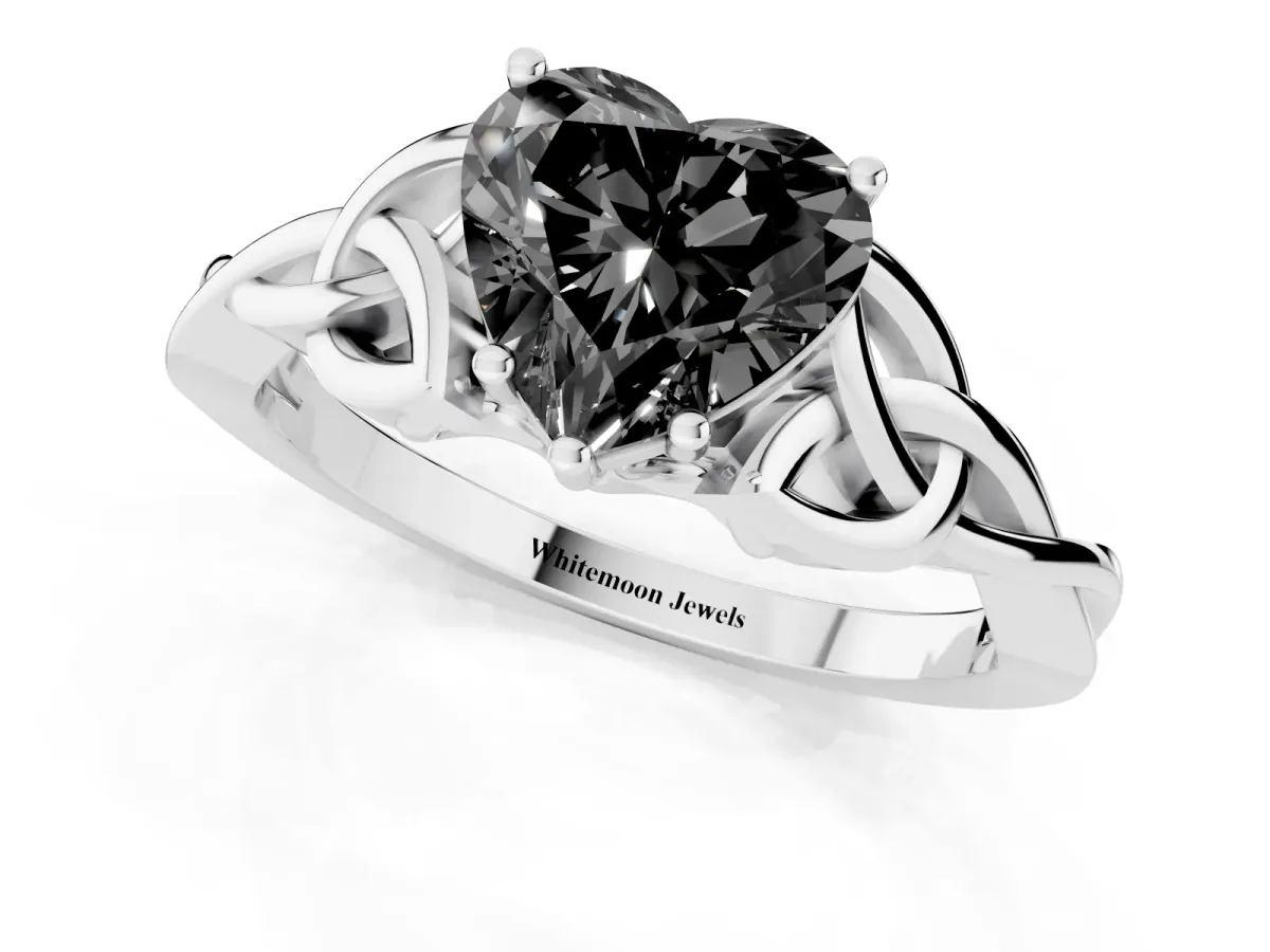 Fancy Black Heart Cut Diamond Solitaire Engagement Ring with Celtic Knot Band and Four-Prong Setting White gold