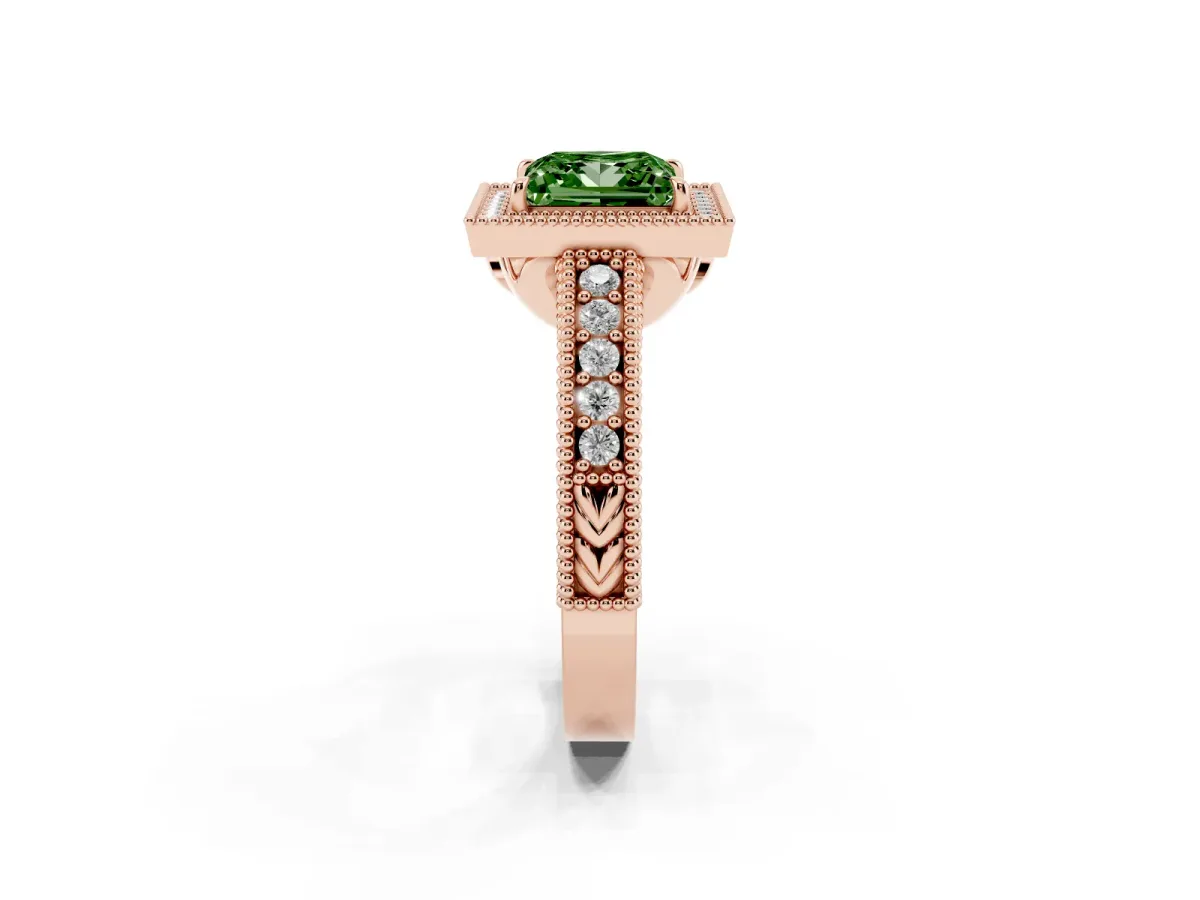 Fancy Green Princess Cut Cut Halo Diamond Ring with Pavé Band and Four-Prong Setting Rose gold