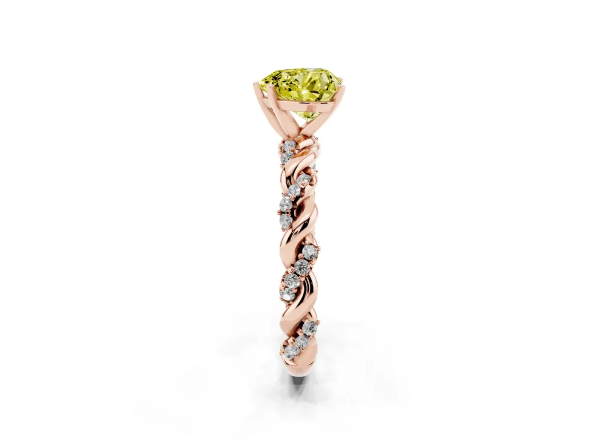 Fancy Yellow Heart Cut Diamond Solitaire Ring with Twisted Band and Pavé Accents Rose gold