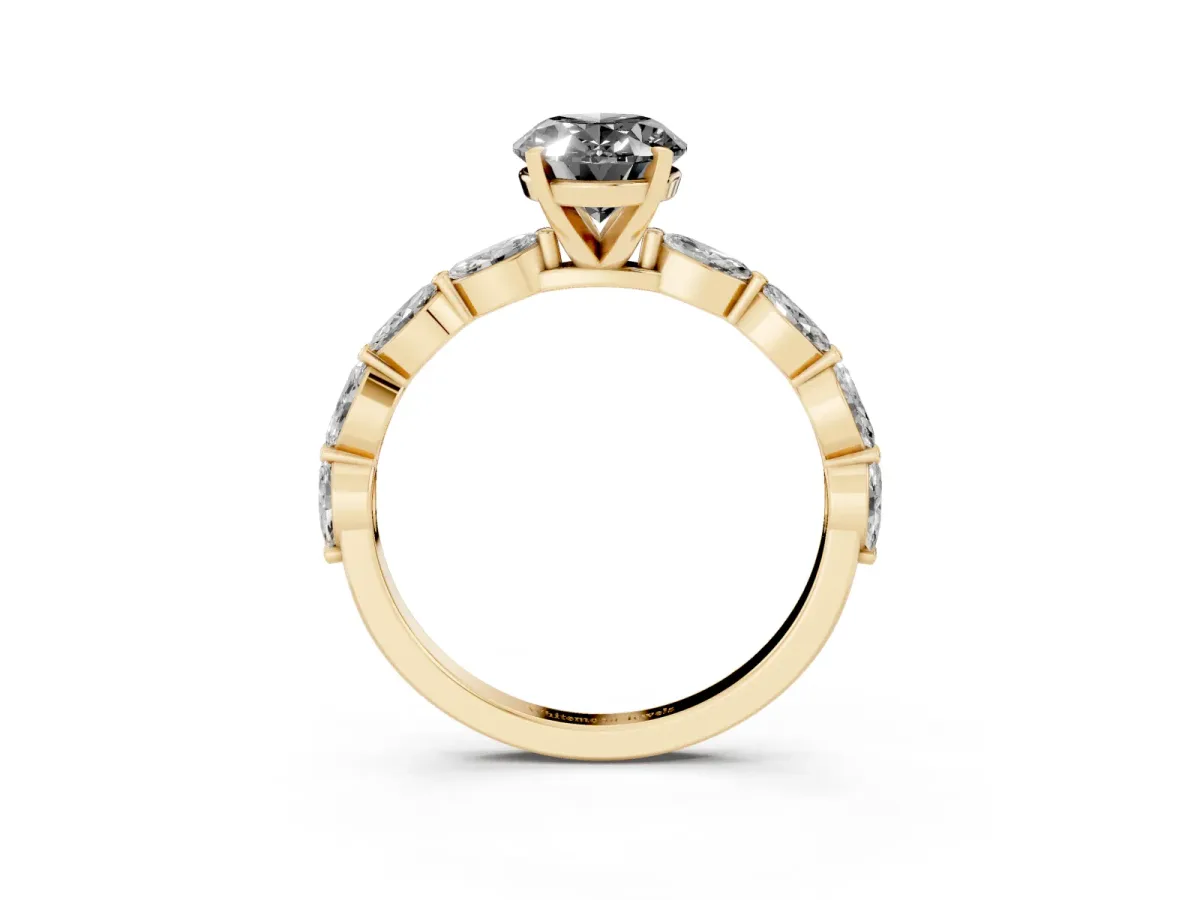 Fancy Black Oval Cut Diamond Ring with Marquise Side Stones and Prong Setting Yellow gold