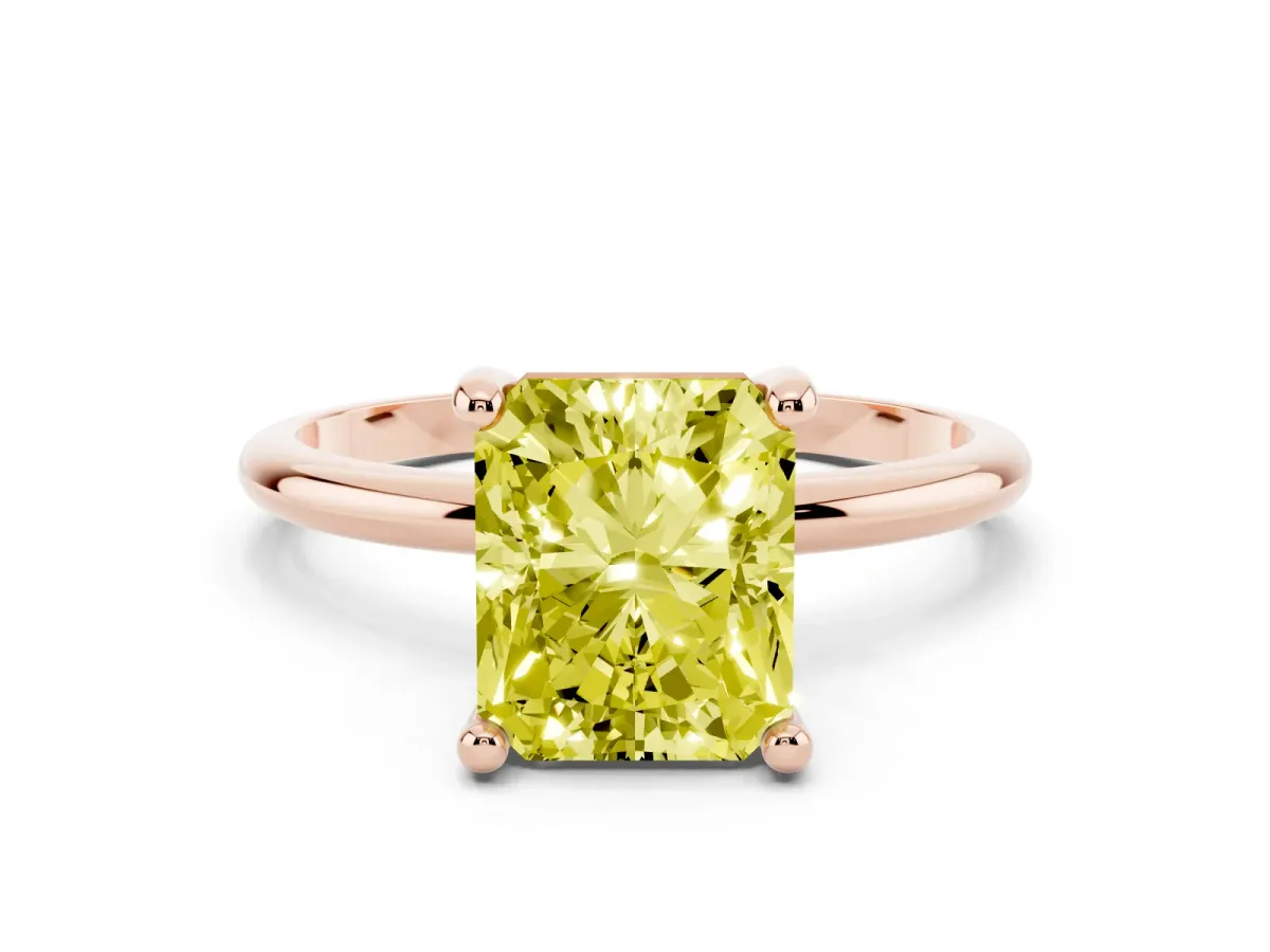 Fancy Yellow Radiant Cut Solitaire Diamond Ring with 4-Prong Setting on a Classic Band Rose gold