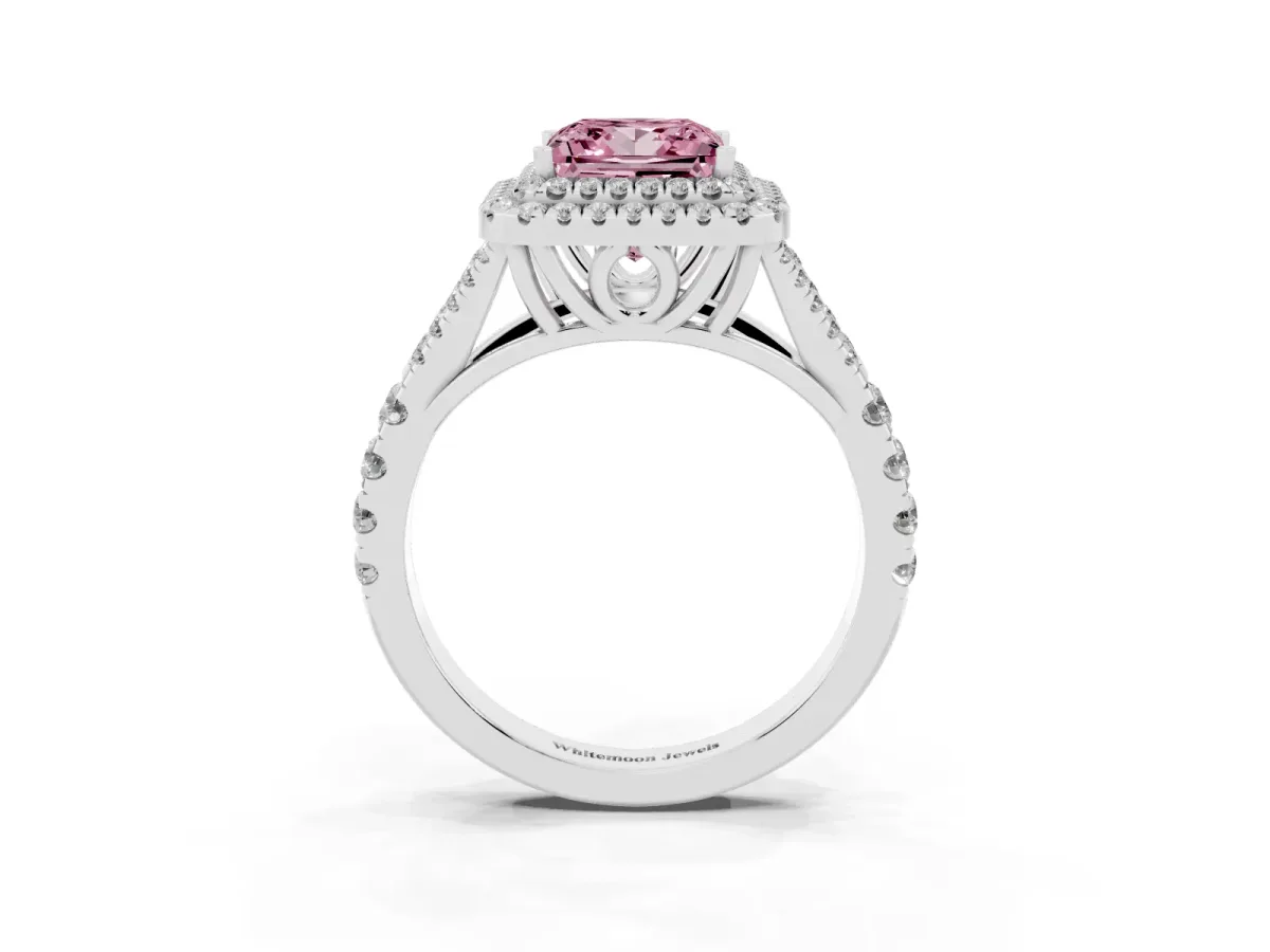 Fancy Pink Double Halo Princess Cut Diamond Split Shank Engagement Ring with Four-Prong Setting Silver