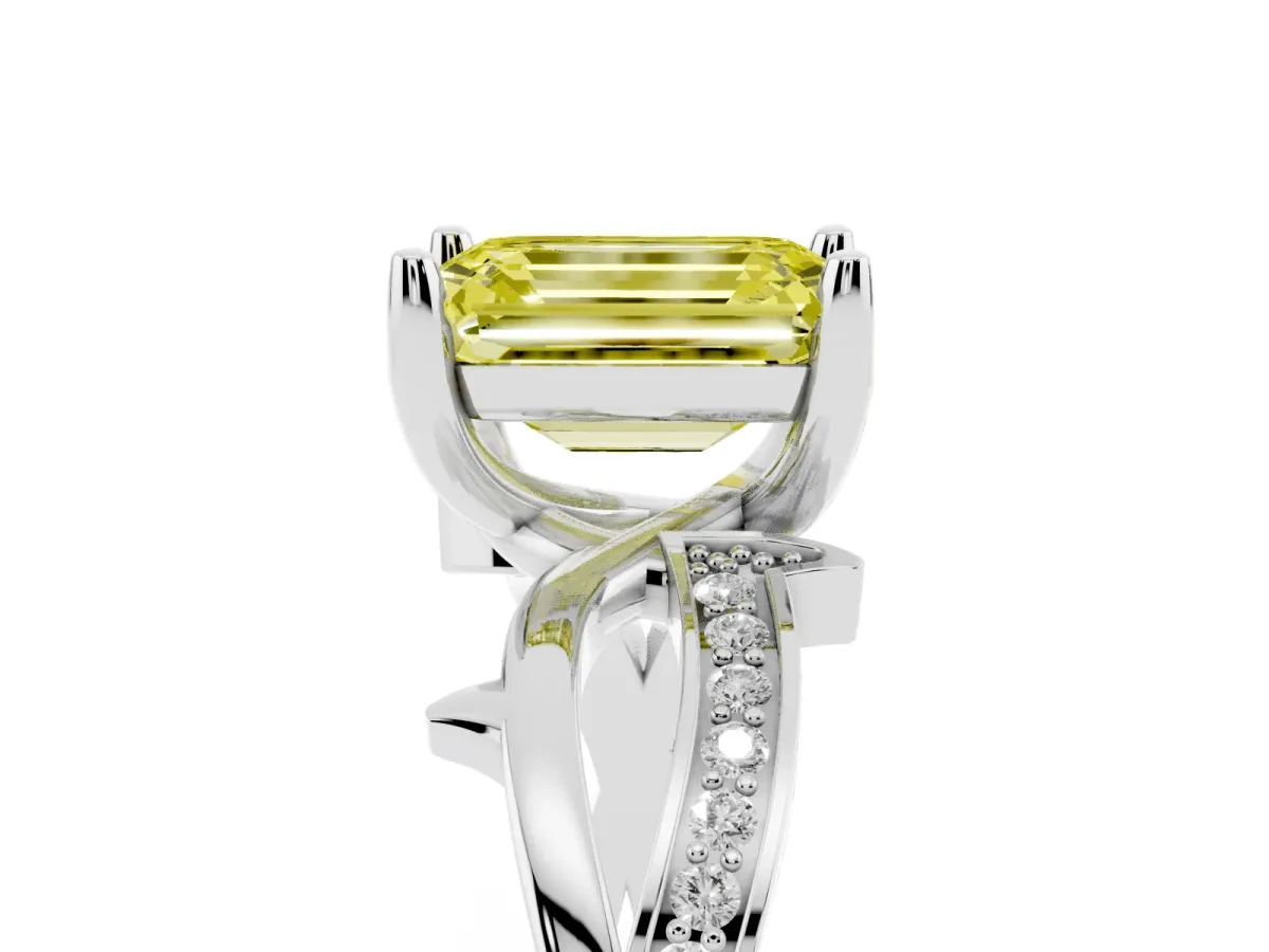 Fancy Yellow Emerald Cut Solitaire Twist Band with Pavé Accents and Four-Prong Setting Platinum
