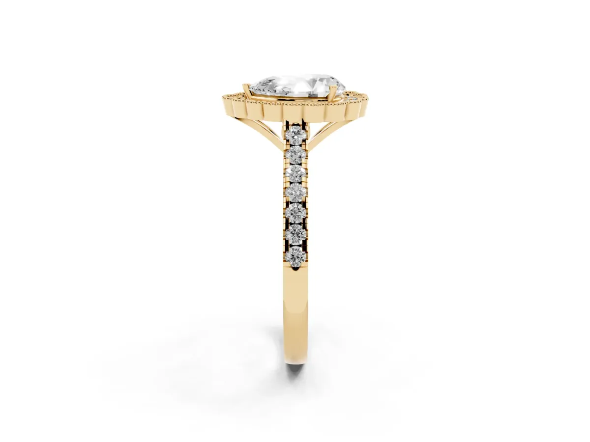 Pear Cut Cut Diamond Milgrain Floral Halo Engagement Ring with Pavé Band Yellow gold