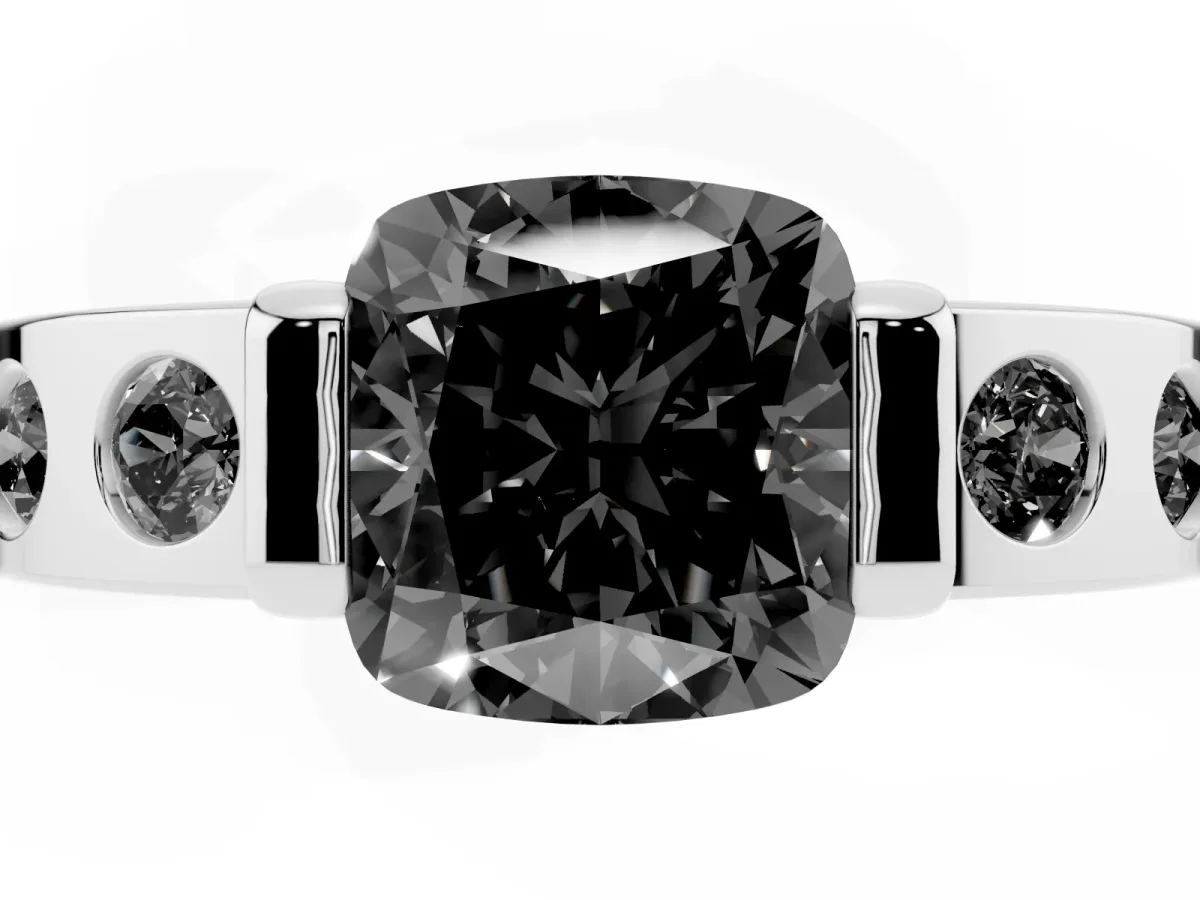 Fancy Black Cushion Cut Brilliant Channel-Set Diamond Ring with Bezel Prong Setting Silver