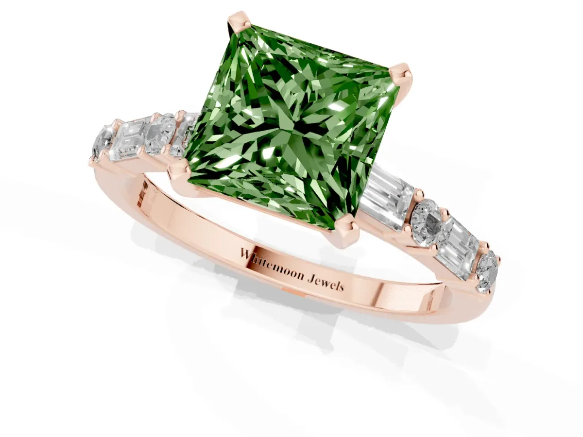 Fancy Green Princess Cut Diamond Solitaire with Side Baguettes and Channel Set Band Rose gold