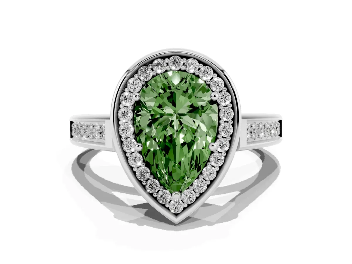 Fancy Green Pear Cut Halo Solitaire Diamond Ring with Pave Band and Bezel Setting Silver