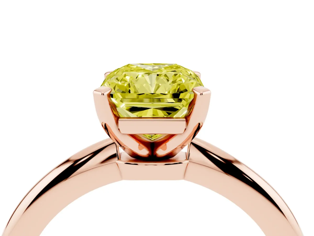 Fancy Yellow Radiant Cut Diamond Solitaire Ring with Prong Setting and Classic Band Rose gold