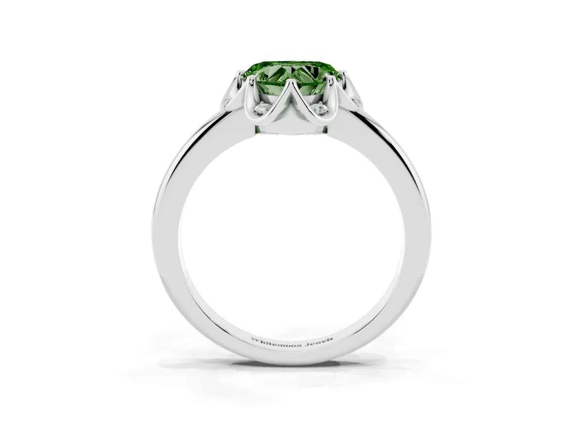 Fancy Green Heart Cut Halo Diamond Ring with Round Cluster Setting, Solitaire Band, and Four-Prong Setting Silver